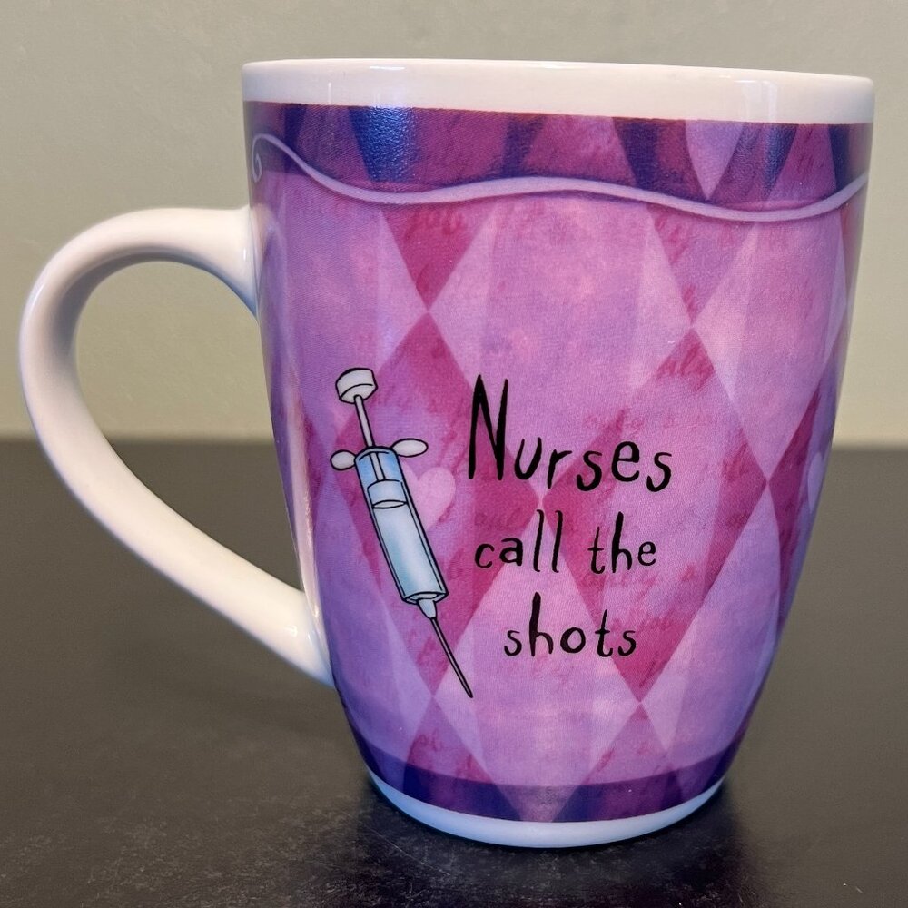 History & Heraldry Nurse Mug Fine Porcelain Nurses Call The Shots Purple RN Gift